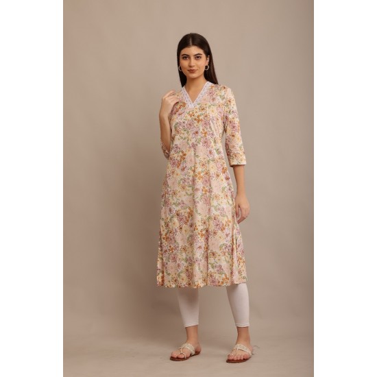 Riie  beige floral print pure cotton A line kurta with lace detailing