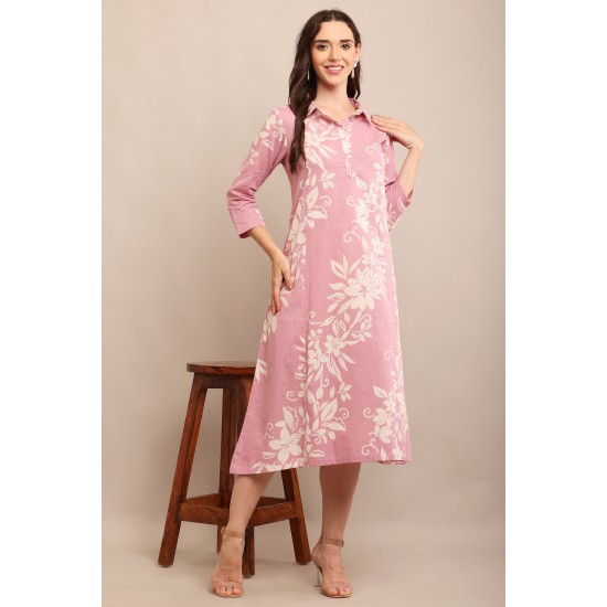 Riie  pastel pink floral print pure cotton a line dress