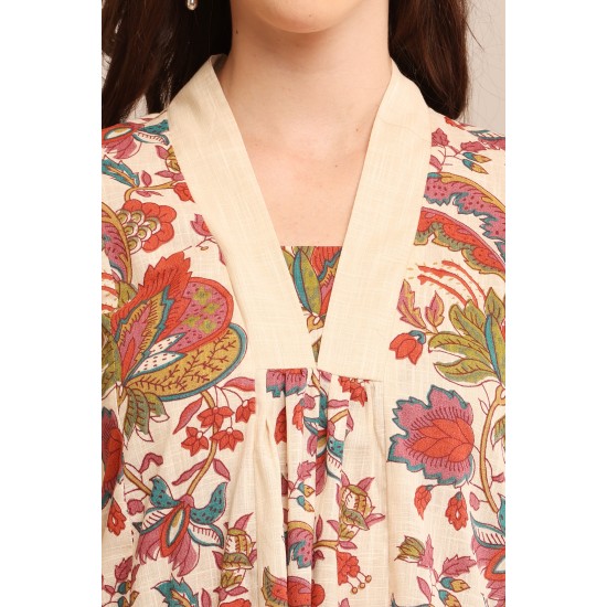 Riie Beige Floral Print Anarkali Pure Cotton Dress