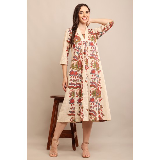 Riie Beige Floral Print Anarkali Pure Cotton Dress
