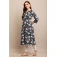 Riie  steel blue floral print pure cotton kantha stich kurta 
