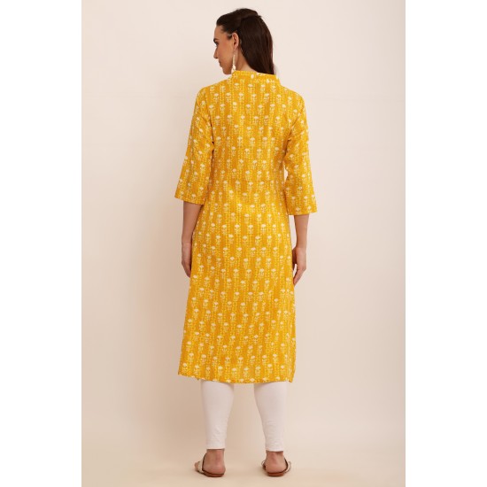 Riie  yellow  floral print pure cotton kantha stich kurta 