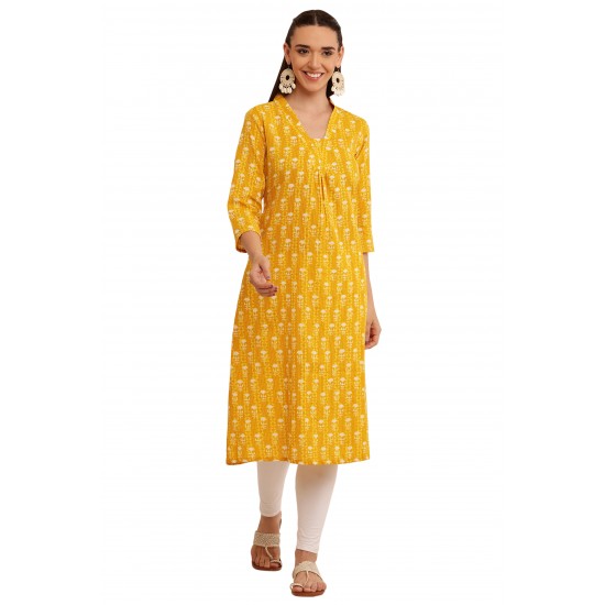Riie  yellow  floral print pure cotton kantha stich kurta 