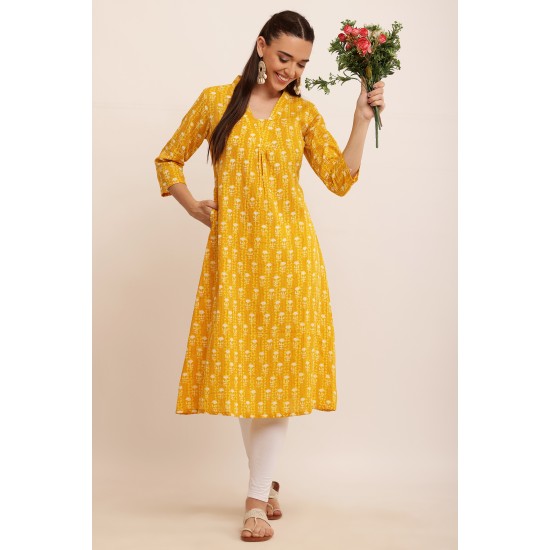 Riie  yellow  floral print pure cotton kantha stich kurta 