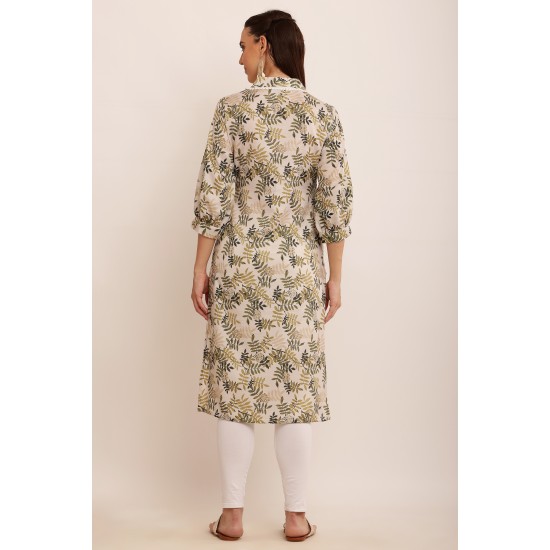Riie  green floral print cotton silk mulmul kurta with lace detailing