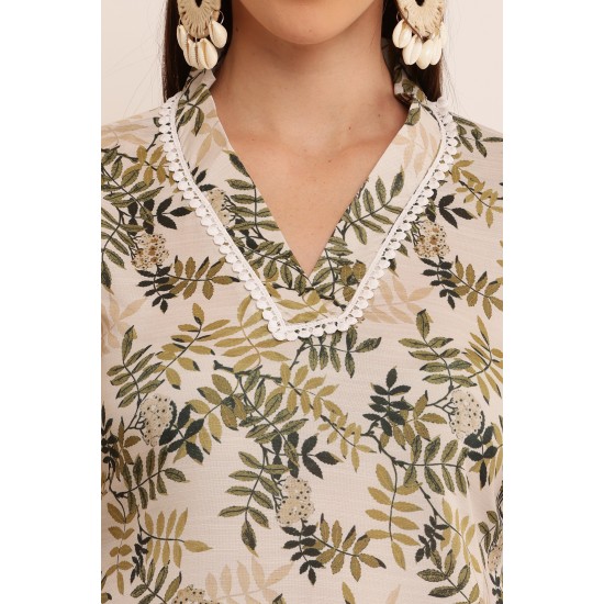 Riie  green floral print cotton silk mulmul kurta with lace detailing