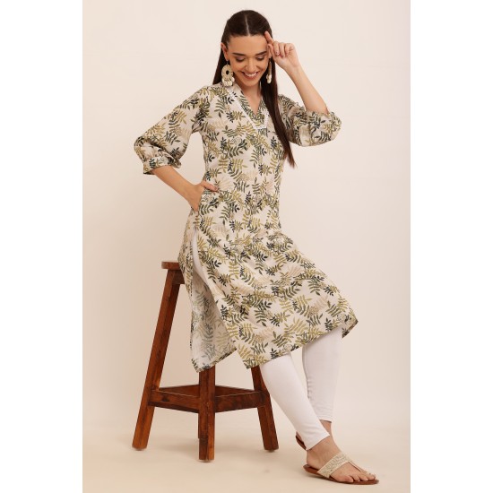 Riie  green floral print cotton silk mulmul kurta with lace detailing