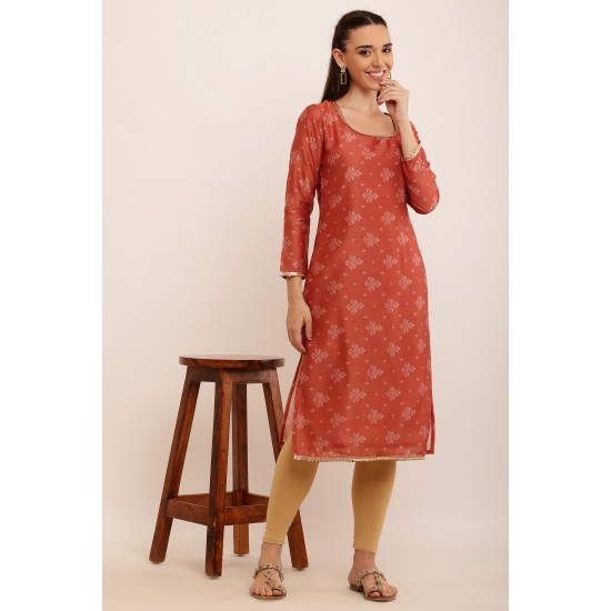 Riie  rust color silk kurta with golden zari lace detailed work