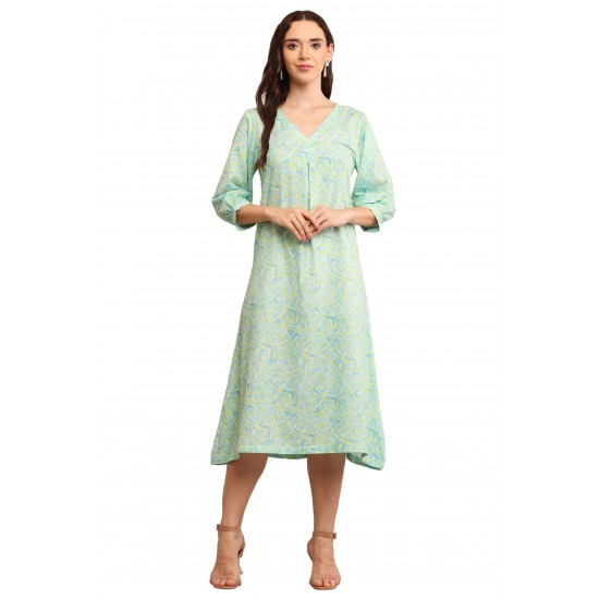 Riie Elegant Pastel Geometric Print A-Line Kurta Dress