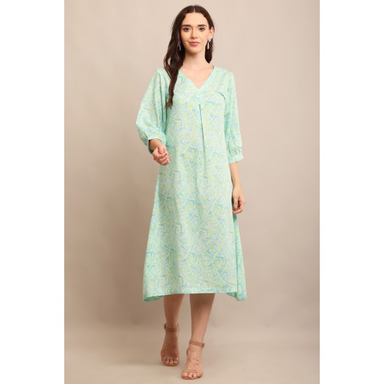 Riie Elegant Pastel Geometric Print A-Line Kurta Dress