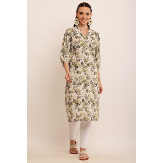 Riie  green floral print cotton silk mulmul kurta with lace detailing