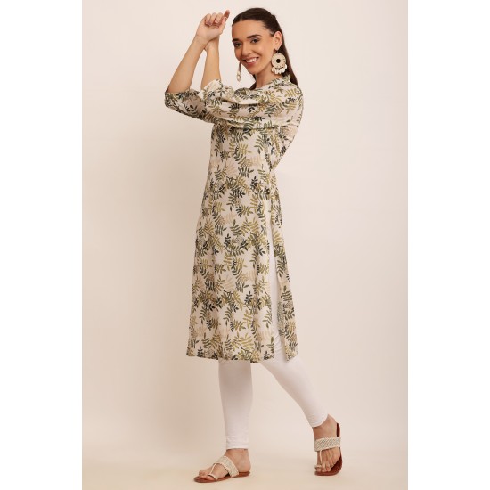 Riie  green floral print cotton silk mulmul kurta with lace detailing